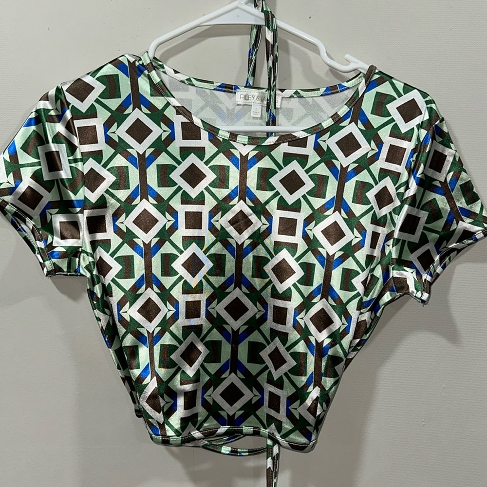 Silky green and brown print crop top